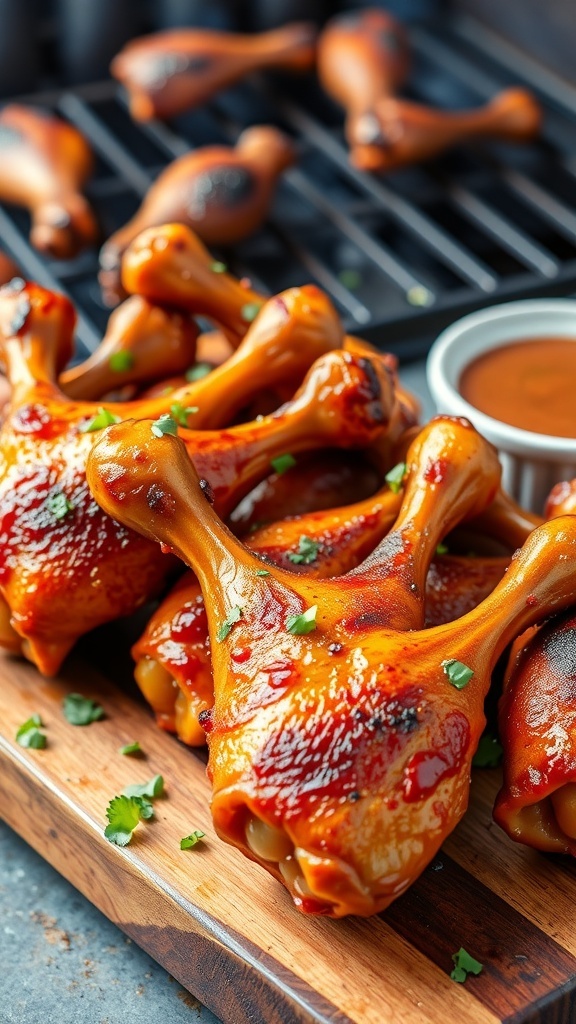 Smoked Chicken Drumsticks Recipe Smoked chicken drumsticks on a wooden platter, garnished with herbs and accompanied by dipping sauce.